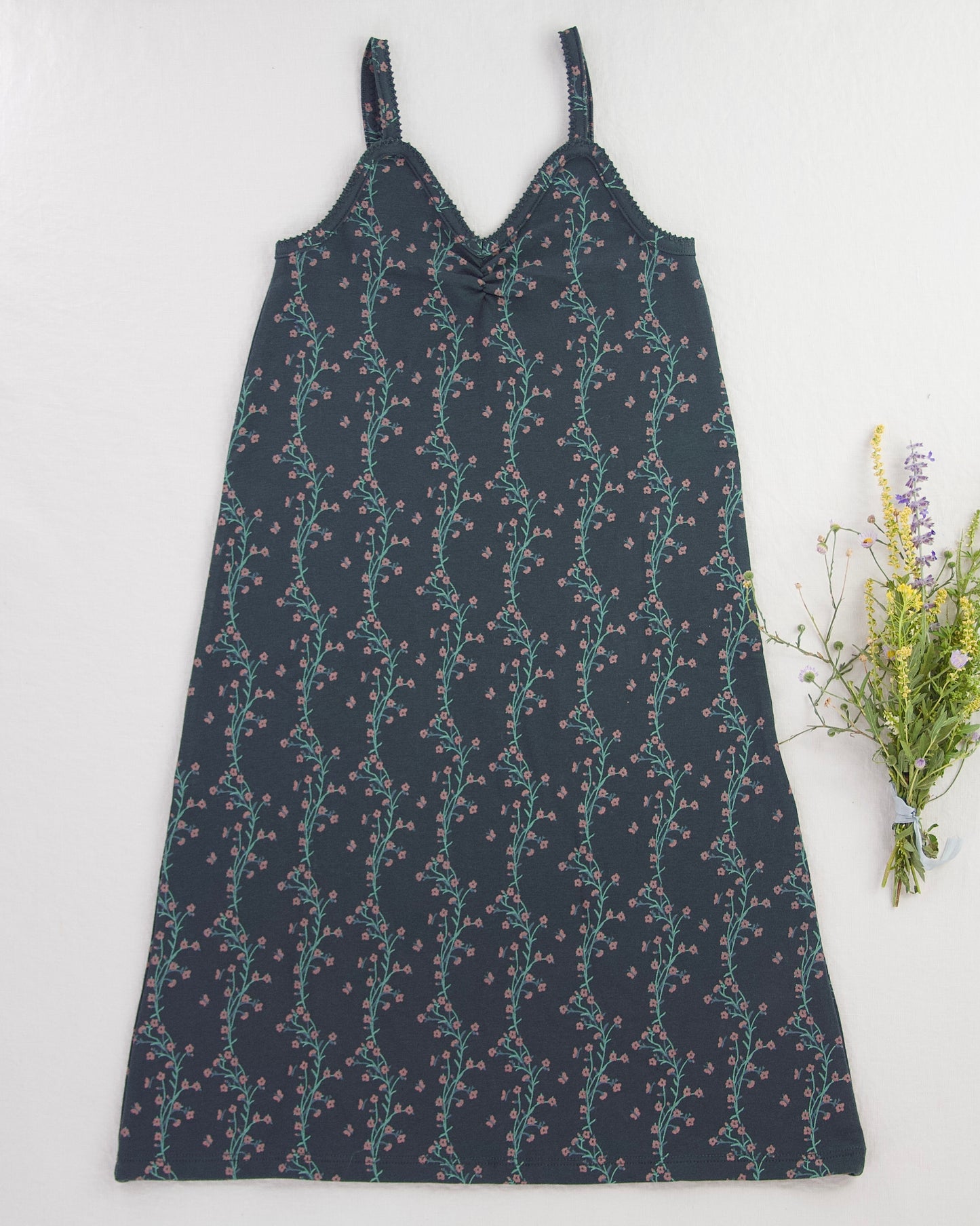 pima ruched camisole dress . verdant trellis