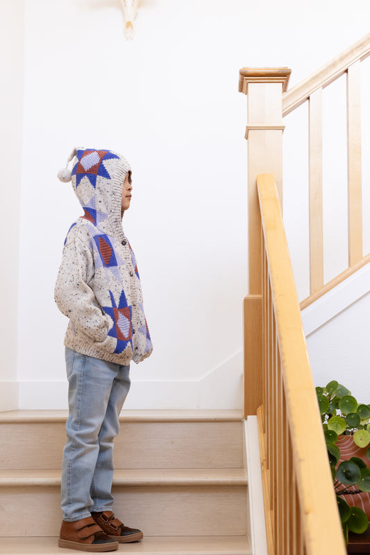 patchwork quilt hooded jacket . cobalt