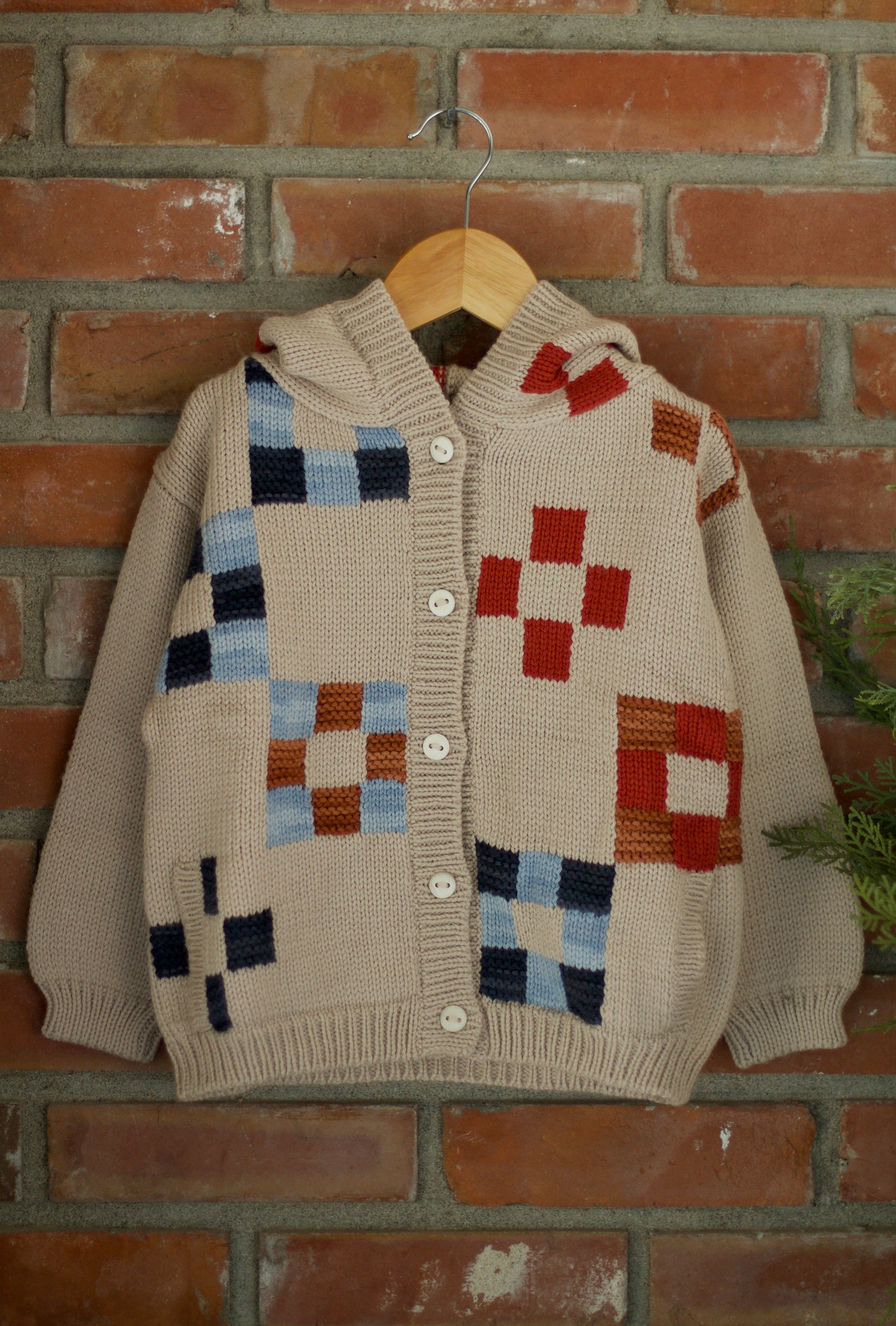 quilt-block hooded cardigan . alabaster