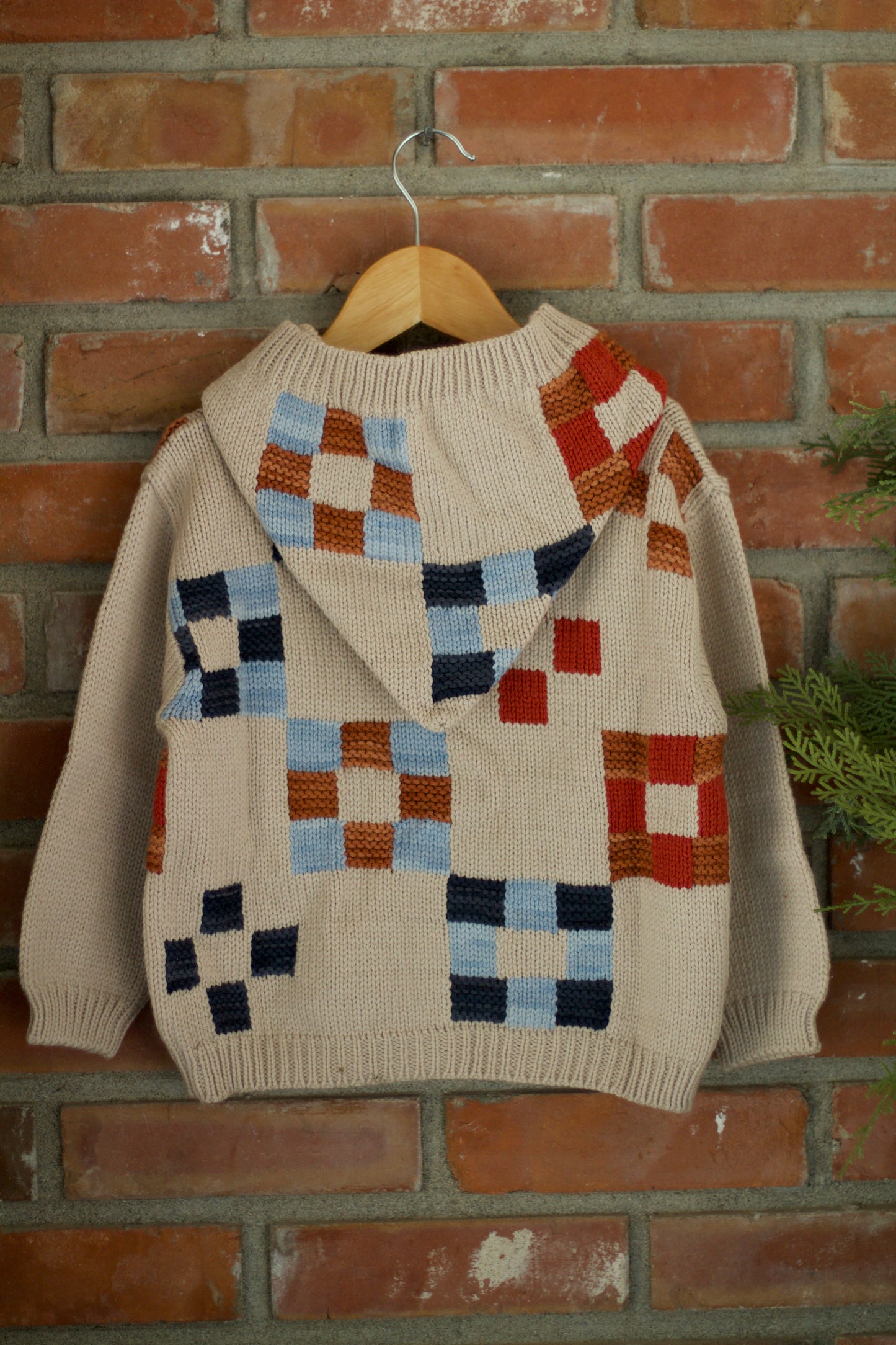 quilt-block hooded cardigan . alabaster