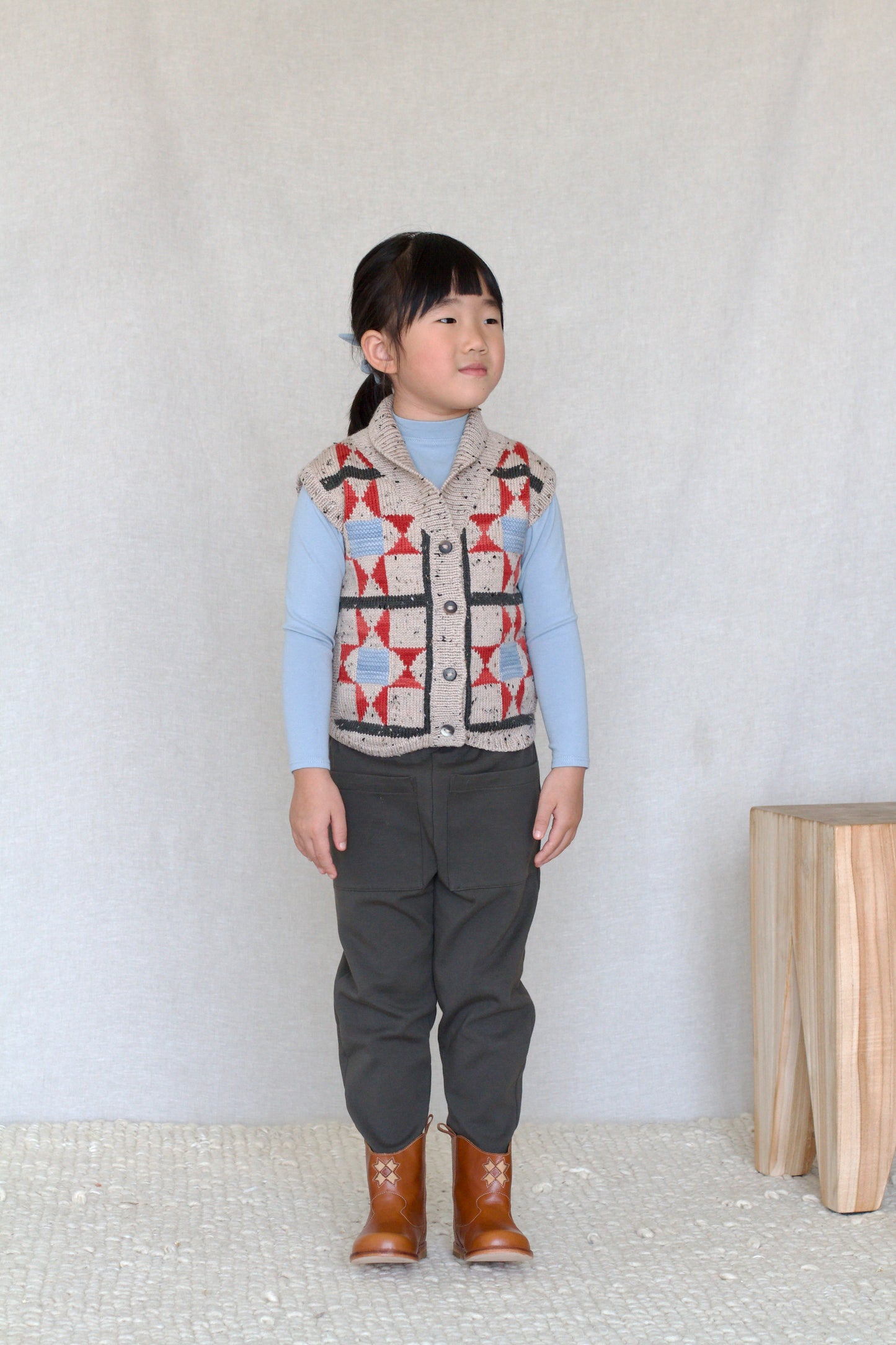 patchwork quilt button vest. alabaster tweed