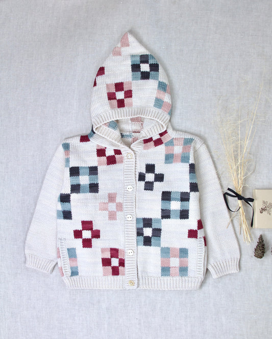 quilt-block hooded cardigan . mallow