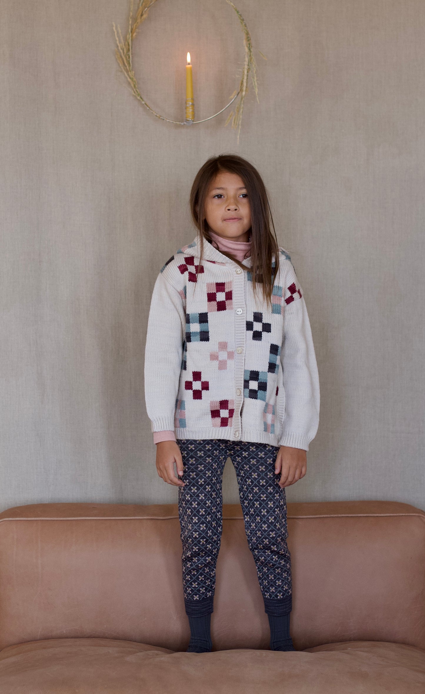 quilt-block hooded cardigan . mallow