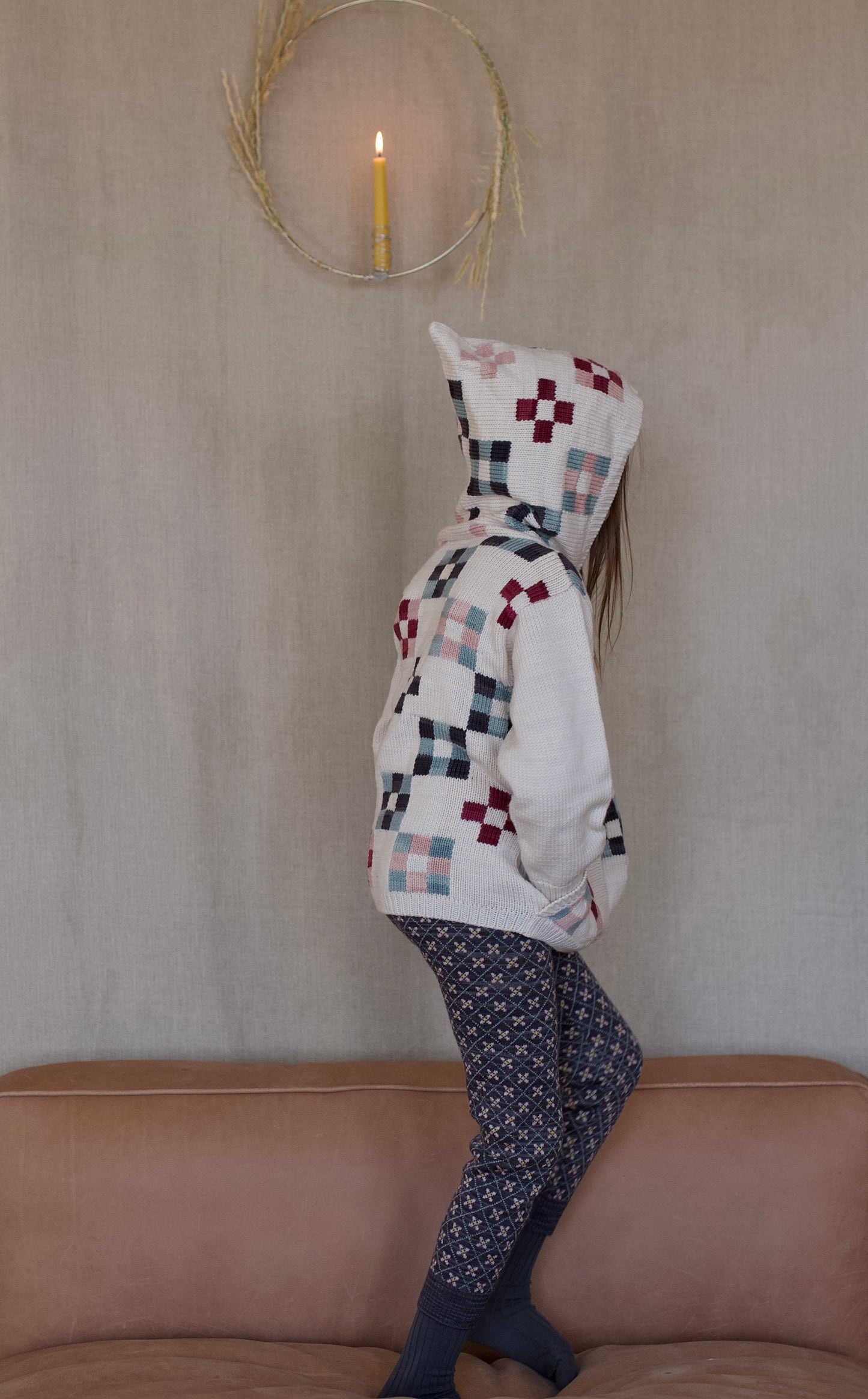 quilt-block hooded cardigan . mallow