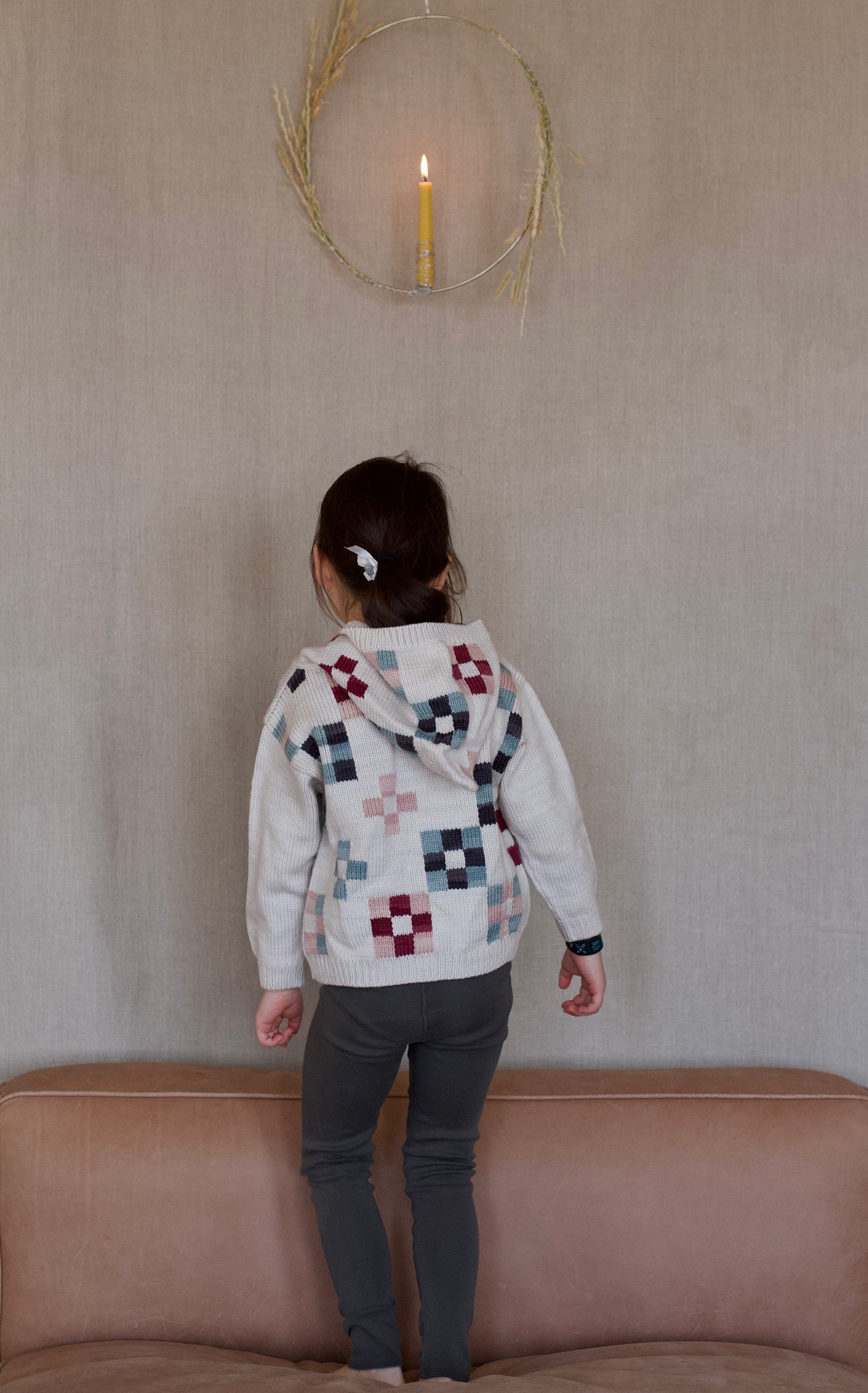 quilt-block hooded cardigan . mallow